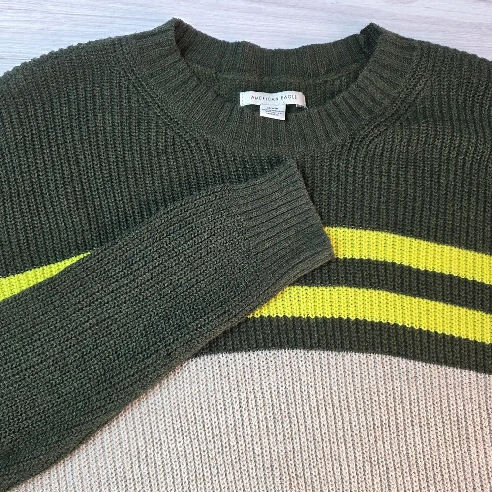 American‎ Eagle Sweater Men's M Green Gray Yellow Stripe Crew Neck Knit Pullover